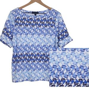Karen Scott Blue White Nautical Sailboat Cuffed Short Sleeve Tee Shirt